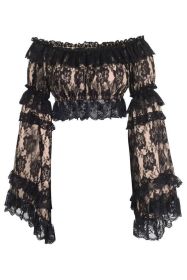 Nude/Black Lace Smocked Flare Sleeve Peasant Top (size: Regular)
