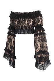 Nude/Black Lace Smocked Flare Sleeve Peasant Top (size: Queen)