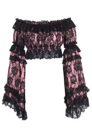 Pink/Black Lace Smocked Flare Sleeve Peasant Top (size: Regular)