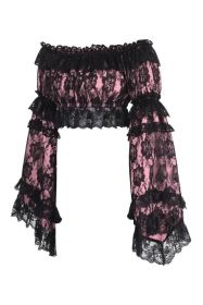 Pink/Black Lace Smocked Flare Sleeve Peasant Top (size: Queen)