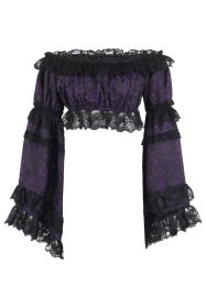 Purple/Black Brocade Smocked Flare Sleeve Peasant Top (size: Regular)