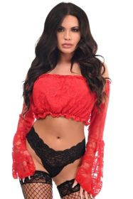 Red Lace Lined Bell Sleeve Top (size: OneSize)