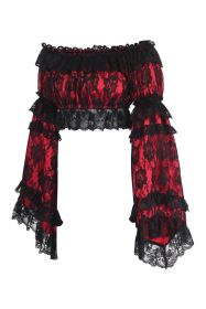 Red/Black Lace Smocked Flare Sleeve Peasant Top (size: Queen)
