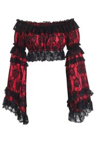 Red/Black Lace Smocked Flare Sleeve Peasant Top (size: Regular)