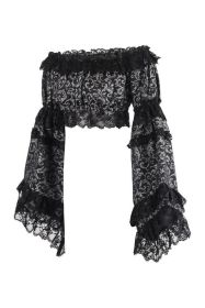 Silver/Black Brocade Smocked Flare Sleeve Peasant Top (size: Queen)