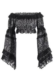 Silver/Black Brocade Smocked Flare Sleeve Peasant Top (size: Regular)