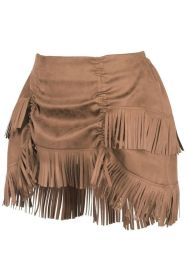 Tan Suede Ruched Bustle Skirt w/Fringe (size: Curvy)
