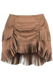 Tan Suede Ruched Bustle Skirt w/Fringe (size: Regular)