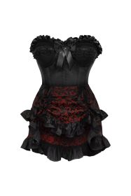 Top Drawer 2 PC Black Satin Steel Boned Burlesque Corset & Gold Brocade Skirt Set (size: small)