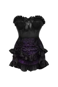 Top Drawer 2 PC Black Satin Steel Boned Burlesque Corset & Purple Brocade Skirt Set (size: small)