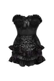 Top Drawer 2 PC Black Satin Steel Boned Burlesque Corset & Silver Brocade Skirt Set (size: small)