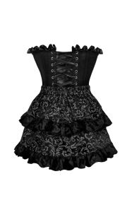 Top Drawer 2 PC Black Satin Steel Boned Burlesque Corset & Silver Brocade Skirt Set (size: medium)