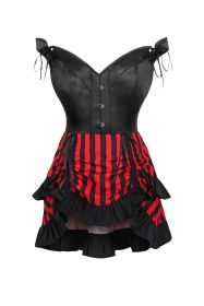 Top Drawer 2 PC Black Satin Steel Boned Corset w/Straps & Striped Skirt Set (size: small)