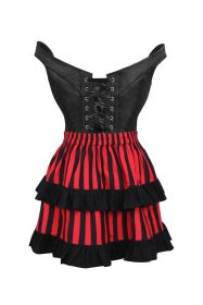 Top Drawer 2 PC Black Satin Steel Boned Corset w/Straps & Striped Skirt Set (size: medium)