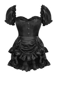 Top Drawer 2 PC Black Satin Steel Boned Overbust Corset w/Sleeves & Satin Skirt Set (size: small)