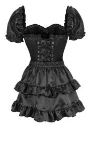 Top Drawer 2 PC Black Satin Steel Boned Overbust Corset w/Sleeves & Satin Skirt Set (size: medium)
