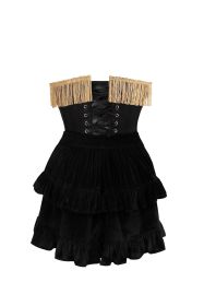 Top Drawer 2 PC Burlesque Black & Dark Red Steel Boned Corset w/Gold Fringe & Skirt Set (size: small)