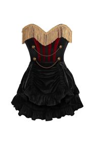 Top Drawer 2 PC Burlesque Black & Dark Red Steel Boned Corset w/Gold Fringe & Skirt Set (size: XSmall)