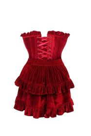 Top Drawer 2 PC Dark Red Velvet Lace-Up Corset & Skirt Set (size: small)