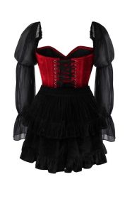 Top Drawer 2 PC Dark Red Velvet Steel Boned Corset w/Sleeves & Skirt Set (size: small)