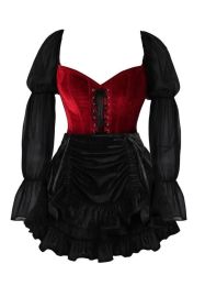 Top Drawer 2 PC Dark Red Velvet Steel Boned Corset w/Sleeves & Skirt Set (size: XSmall)