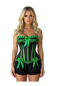 Top Drawer 2 PC Green/Black Burlesque Steel Boned Corset & Bloomer Set (size: XSmall)