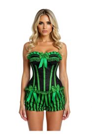 Top Drawer 2 PC Green/Black Striped Burlesque Steel Boned Corset & Bloomer Set (size: XSmall)