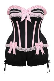 Top Drawer 2 PC Pink/Black Burlesque Steel Boned Corset & Bloomer Set (size: medium)