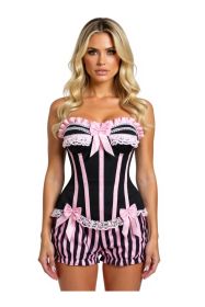 Top Drawer 2 PC Pink/Black Striped Burlesque Steel Boned Corset & Bloomer Set (size: small)