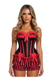 Top Drawer 2 PC Red/Black Striped Burlesque Steel Boned Corset & Bloomer Set (size: small)