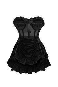 Top Drawer 2 PC Steel Boned Black Mesh & Velvet Underwire Bustier Corset & Skirt Set (size: XSmall)
