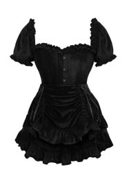 Top Drawer 2 PC Steel Boned Black Velvet Overbust Corset w/Sleeves & Skirt Set (size: small)