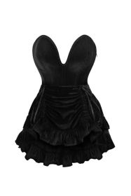 Top Drawer 2 PC Steel Boned Black Velvet Plunge Corset & Skirt Set (size: XSmall)