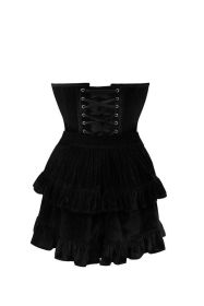 Top Drawer 2 PC Steel Boned Black Velvet Plunge Corset & Skirt Set (size: small)