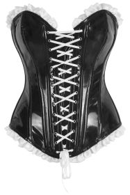 Top Drawer 2 PC Steel Boned Black Vinyl Patent Corset & Striped Bloomers Set (size: medium)
