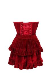 Top Drawer 2 PC Steel Boned Dark Red Velvet Plunge Corset & Skirt Set (size: small)