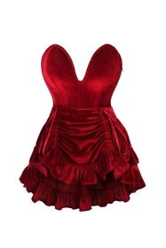 Top Drawer 2 PC Steel Boned Dark Red Velvet Plunge Corset & Skirt Set (size: XSmall)