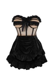 Top Drawer 2 PC Steel Boned Nude & Black Mesh Underwire Bustier Corset & Skirt Set (size: XSmall)