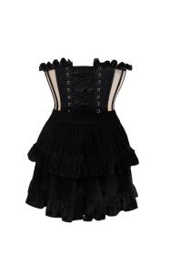 Top Drawer 2 PC Steel Boned Nude & Black Mesh Underwire Bustier Corset & Skirt Set (size: small)