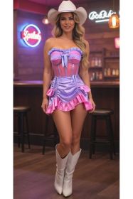 Top Drawer 2 PC Steel Boned Pink/Purple Mesh Underwire Bustier Corset & Skirt Set (size: large)