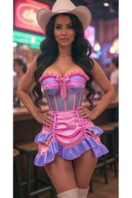 Top Drawer 2 PC Steel Boned Purple/Pink Mesh Underwire Bustier Corset & Skirt Set (size: medium)
