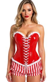 Top Drawer 2 PC Steel Boned Red Vinyl Patent Corset & Striped Bloomers Set (size: XSmall)