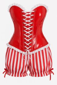 Top Drawer 2 PC Steel Boned Red Vinyl Patent Corset & Striped Bloomers Set (size: small)