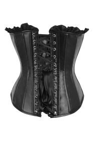 Top Drawer Black Faux Leather & Black Lace Trim Lace-Up Steel Boned Corset (size: large)