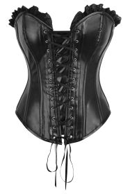Top Drawer Black Faux Leather & Black Lace Trim Lace-Up Steel Boned Corset (size: small)