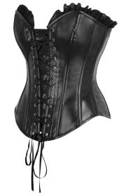 Top Drawer Black Faux Leather & Black Lace Trim Lace-Up Steel Boned Corset (size: medium)