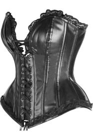 Top Drawer Black Faux Leather & Lace Trim Steel Boned Corset (size: large)