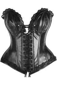 Top Drawer Black Faux Leather & Lace Trim Steel Boned Corset (size: medium)