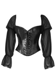 Top Drawer Black Faux Leather Steel Boned Corset w/Sleeves (size: small)