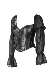 Top Drawer Black Faux Leather Steel Boned Corset w/Sleeves (size: medium)